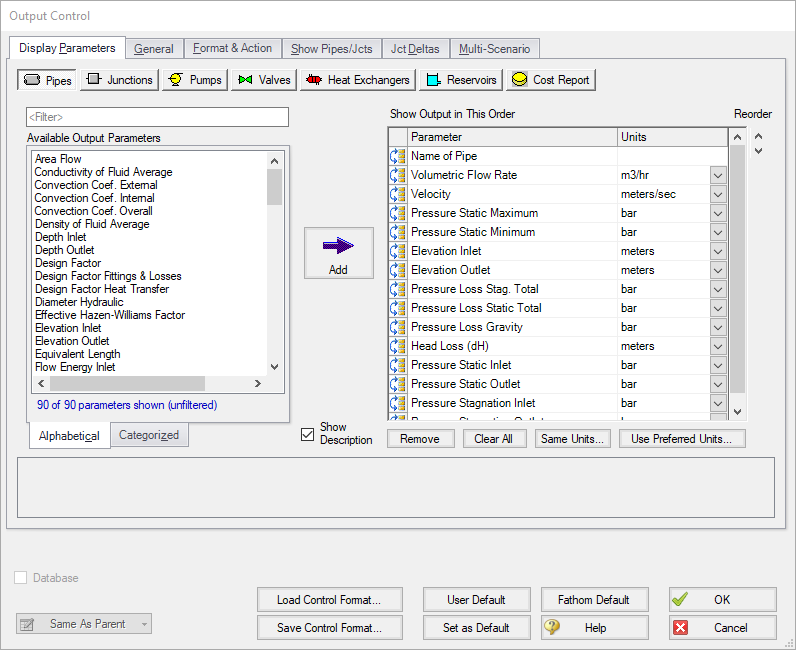 The Pipe output options in the Output Control window.